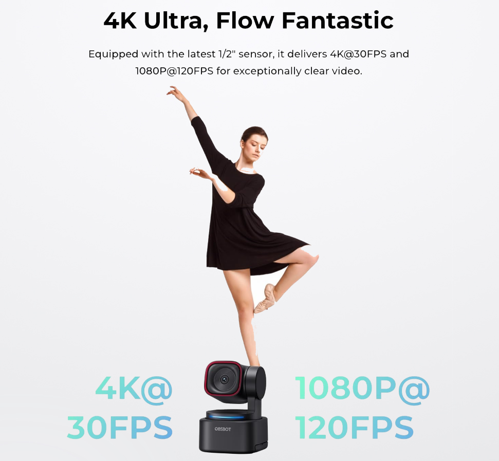 OBSBOT Tiny 3 Lite - Cámara web 4K de audio espacial con IA - Cámara PTZ compacta de seguimiento de IA con sensor de 1/1.2 pulgadas, Tri-Mic, control de voz - Imagen 3