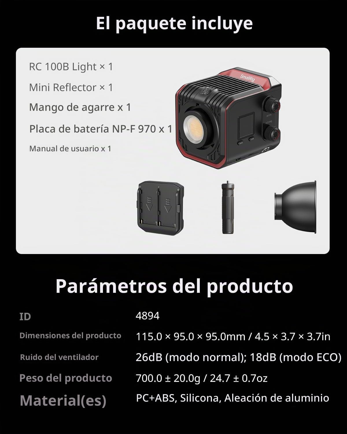 SmallRig RC 100B COB LED 100W Bicolor 2700K-6500K con Mango y Control por App - Imagen 3